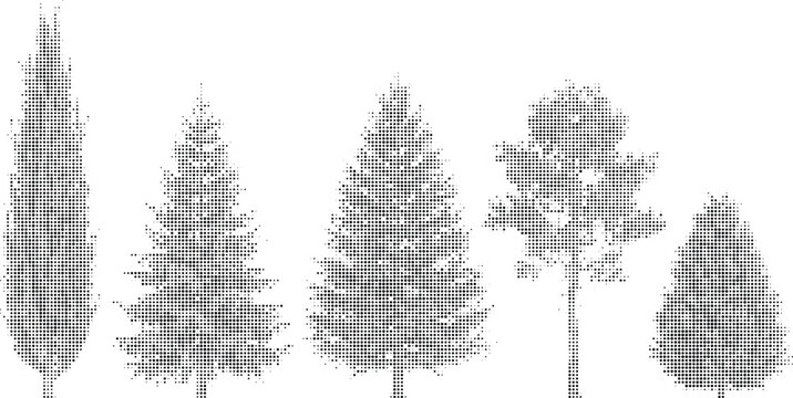 Halftone tree collection features various black dotted silhouettes of diverse forest plants isolated on transparent grid background for design works.