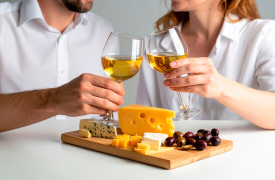 brindis en pareja de vino blanco, con queso y aceitunas.
