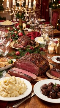 A sumptuously set dinner table for Christmas featuring a variety of gourmet dishes and elegant tableware.