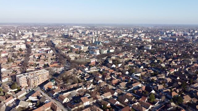 Drone view of Subotica downtown and city hall. Europe, Serbia