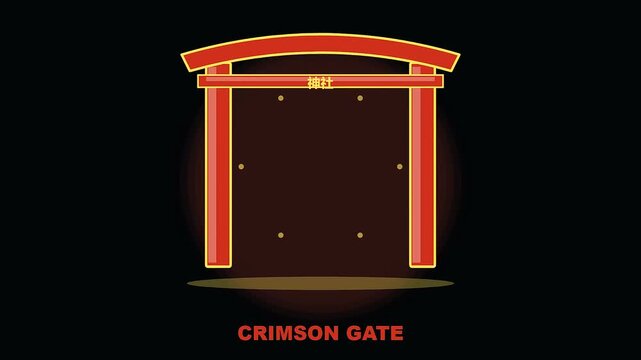 Minimalist crimson gate illustration sequence features a traditional structure representing a crowded shrine during the festive golden week holiday in a bright flat graphic style