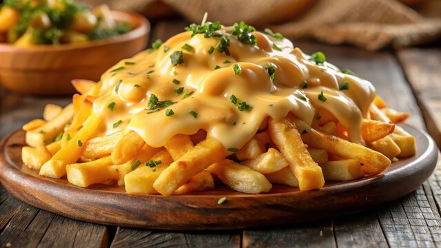 Cheesy fries topped with melted cheese sauce