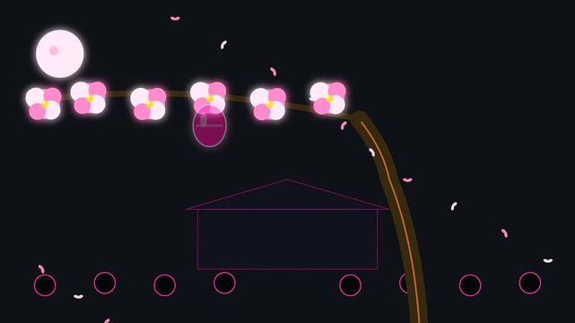Minimalist digital animation of cherry blossoms swaying during golden week at a crowded shrine as glowing petals drift past a dark night sky atmospheric landscape scene