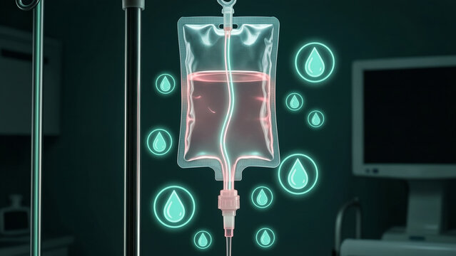 Intravenous Fluid Therapy for Animal Critical Care in Veterinary Clinic Setting with Medical IV Drip Bag and Digital Health Monitoring Overlay for Emergency Pet Rehydration and Clinical Treatment