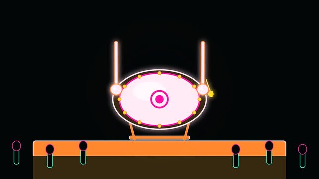 Animated rhythm game drum interface featuring golden week patterns on a crowded shrine stage design with glowing lights and percussive tapping action in digital style