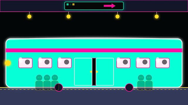 a stylized bus animation captures the rhythmic movement of commuters near a crowded shrine during golden week featuring cyan vehicles and glowing light fixtures above street