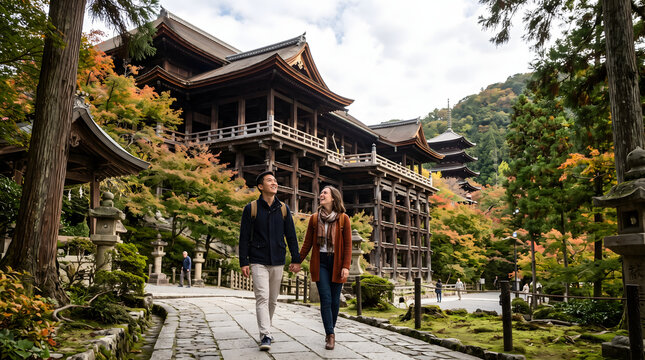 Couple Exploring Historic Kyoto Temple Architecture in Autumn.