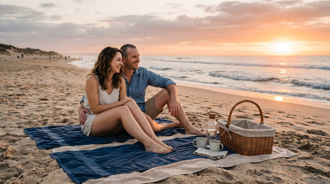 Romantic Couple Relaxing on Sandy Beach During Sunset Picnic.