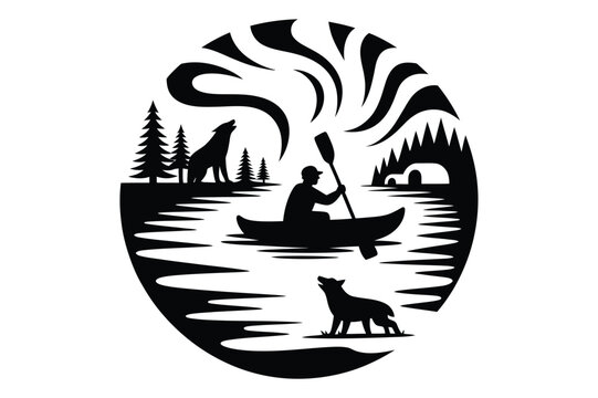 Canoeist on lake at night under northern lights illustration with paddling, landscape