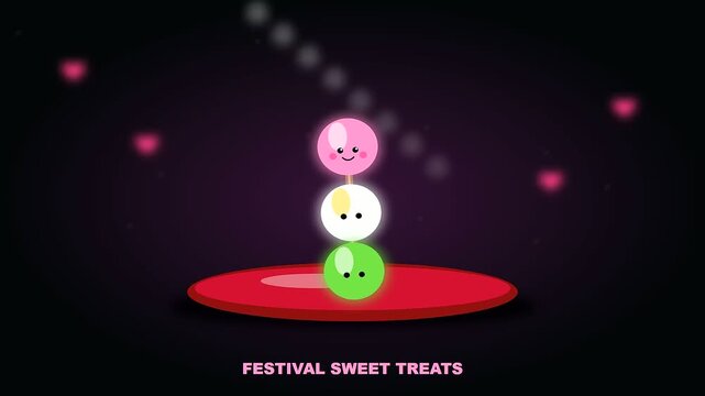 Animated dango balls stack vertically on a plate reflecting golden week traditions as people gather near a crowded shrine for festive sweet treats and celebrations