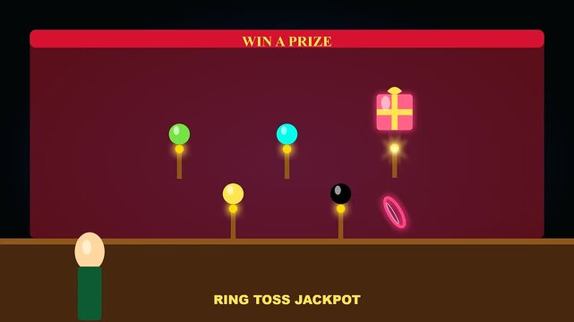 A sequence showing a digital ring toss game during a golden week crowded shrine event featuring neon circular hoops landing on glowing gift box pedestals