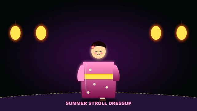 A stylized flat vector animation shows a festival character during golden week standing within a crowded shrine setting illuminated by warm glowing hanging lantern light