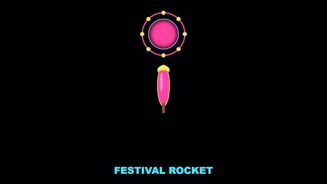 A vibrant animated sequence captures a festival rocket launching upward in a crowded shrine setting during golden week celebrations with sparks erupting at the summit