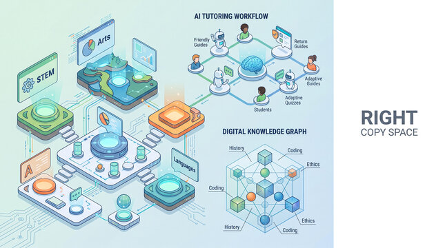 AI tutoring workflow and digital knowledge graph schematic diagram. Isometric edtech education technology concept for STEM, arts, and languages with copy space.
