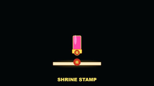 A sequence showing a stamp tool creating a mark on a golden week scene featuring a crowded shrine in a digital animation with minimalist graphic style