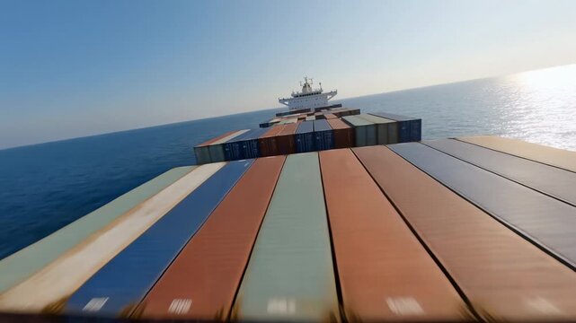 FPV drone shot of a container ship sailing head on across calm open ocean, front aerial view of a cargo vessel approaching over blue sea under clear sky