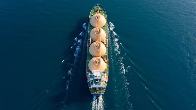 Aerial top view of an LNG carrier with four spherical Moss tanks sailing deep blue sea, overhead drone shot of a liquefied natural gas tanker transporting energy at sea