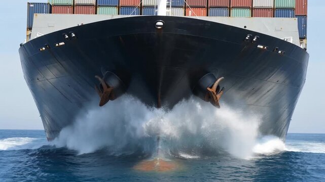 Massive Container Ship Bow Cutting Through Ocean Waves &mdash; Cargo Vessel at Sea Front View for Shipping and Logistics Concepts