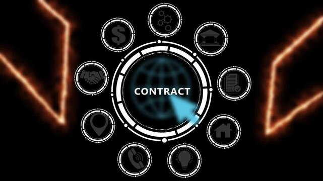 Modern business technology interface with CONTRACT text, gears and digital network icons. 4k animation