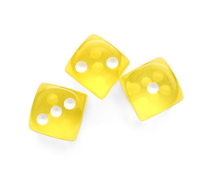 Yellow game dices on white background