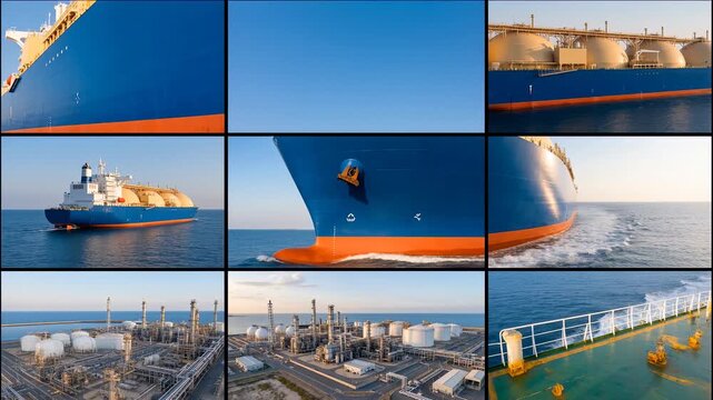 Collection of aerial views of LNG carriers with spherical Moss tanks sailing the sea and docking at natural gas terminals, liquefied natural gas shipping and energy export