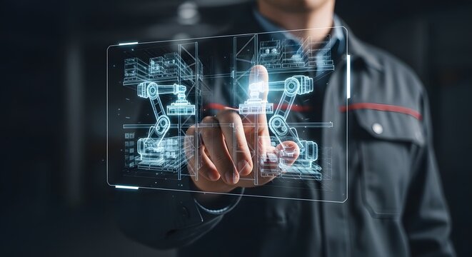 Engineer using holographic interface for industrial robot arms in automated factory