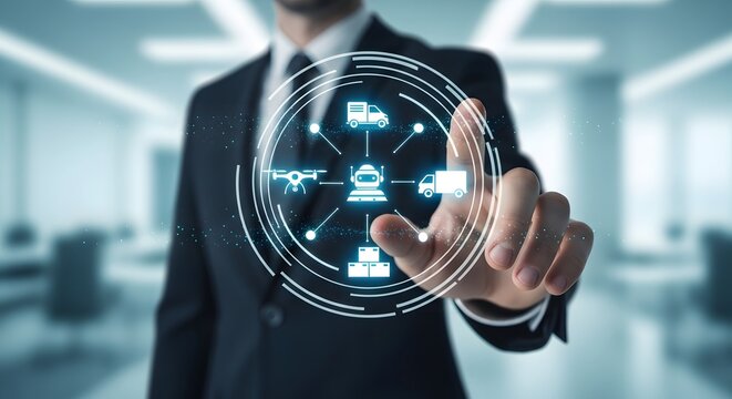 Businessman interacting with a futuristic logistics and global supply chain management interface hologram