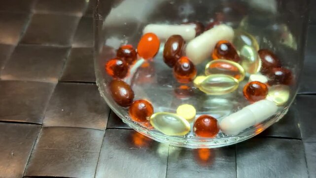 Omega capsules in glass jar on black mat, closeup still life showing amber softgels and white capsules pooled at jar base