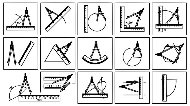Compasses and Rulers Used for Technical Drawing and Geometric Constructions Featuring Compass, Ruler, Construction with Angle