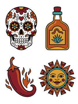 Mexican Themed Vibrant Illustrations Featuring a Sugar Skull Tequila Bottle Chili and Sun