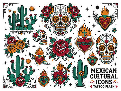 Mexican Cultural Tattoo Flash Design Set with Sugar Skulls Sacred Hearts and Cacti Illustrations