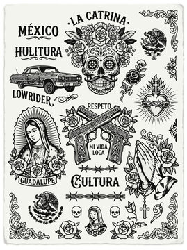 Mexican Culture Tattoo Style Vector Illustrations Collection Featuring La Catrina Lowrider Car Guadalupe and Skulls