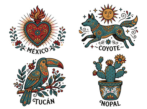 Mexican Folk Art Illustration Collection Featuring Sacred Heart Coyote Toucan Nopal Cactus for Design