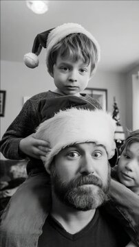 A man wearing a Santa hat holding a young boy on his shoulders, both wearing hats and looking at the camera.
