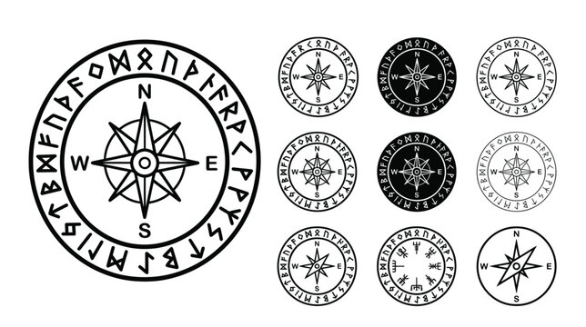 Nordic runic compass collection with mystical symbols