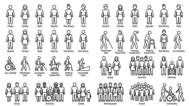 Diverse gender and accessibility line icons for inclusive design
