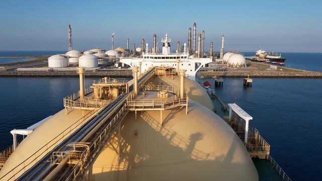 Aerial view of an LNG carrier bow with a spherical gas tank approaching a coastal natural gas terminal, gas tanker mooring at a liquefied natural gas plant by the sea