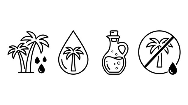 Palm oil icons set featuring tropical trees, liquid droplets and bottle container, palm oil free concept - vector illustration