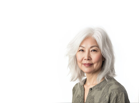 Portrait of a smiling senior Asian woman with silver hair on a white background, copy space