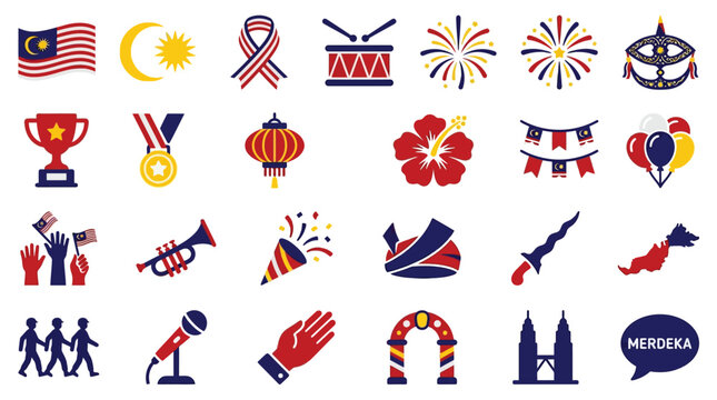 Set of colorful flat icons representing Malaysia Independence Day celebration and national symbols.
