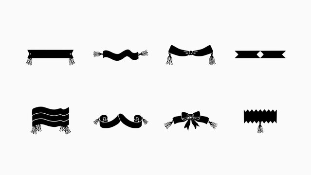 Black decorative ribbon with various bow and fringe designs for packaging and crafting . Vector Flat Illustration.