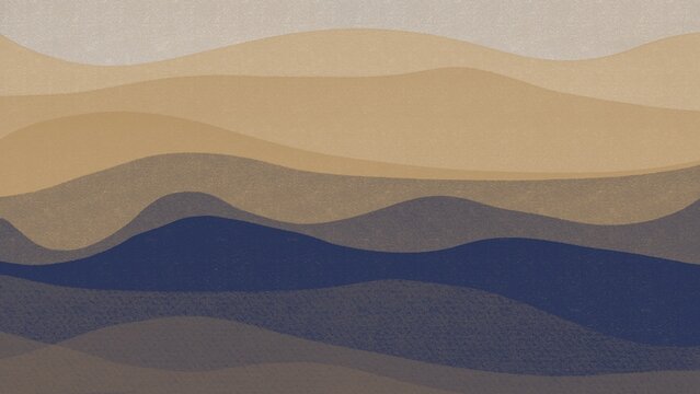 Beige navy blue watercolor layered waves background, minimalist abstract sand ochre fluid mountain landscape backdrop for premium corporate branding
