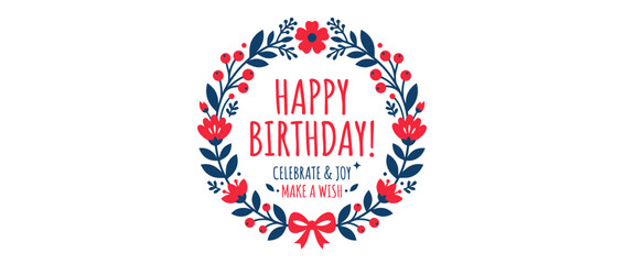 Happy birthday message framed by a folk art style floral wreath © Pitek
