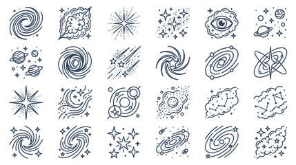 Hand drawn space and celestial icons set with stars and galaxies © Pitek