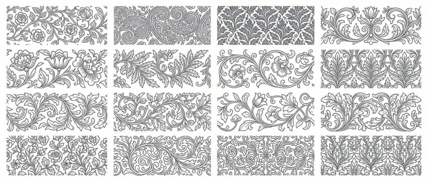 Ornate vintage floral borders and foliate pattern collection