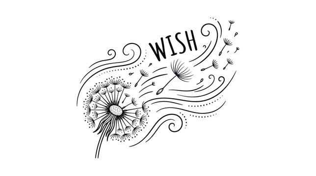 Dandelion seeds blowing in the wind with hand drawn wish text