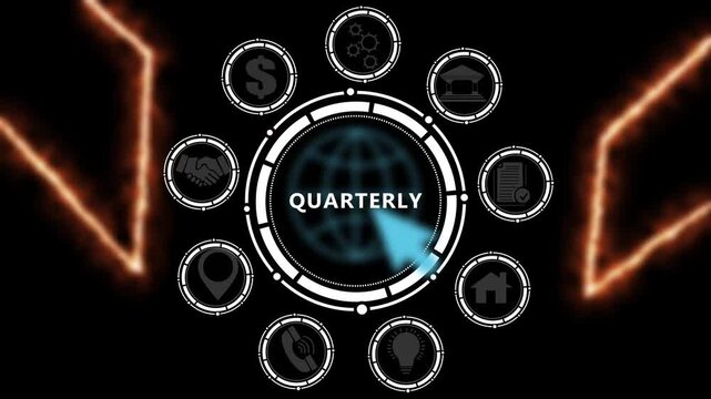 Modern business technology interface with QUARTERLY text, gears and digital network icons. 4k animation