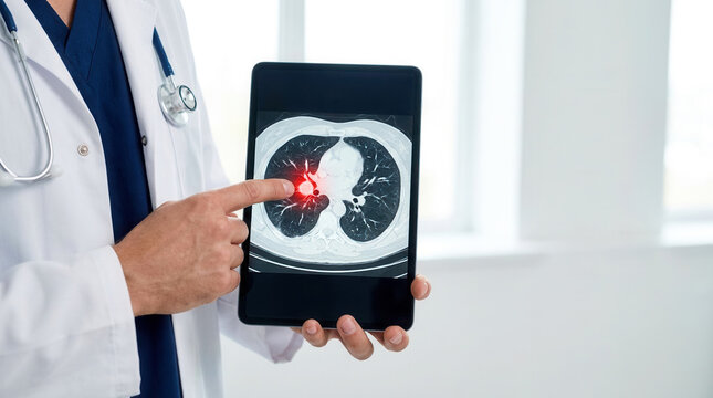 Oncologist pointing at a CT scan screen showing lung cancer digital medical report, advanced diagnosis and oncology screening.