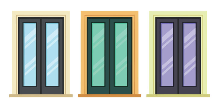 Set of three modern double doors with different colored frames and glass