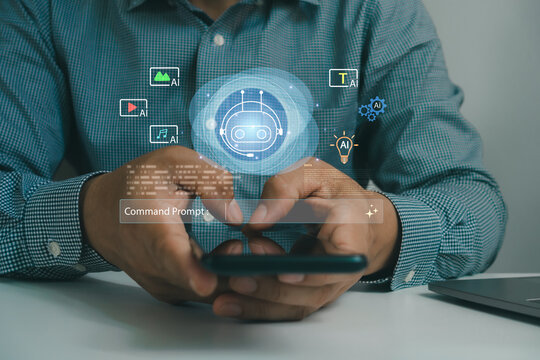AI chatbot assistant on smartphone with prompt interface, generative artificial intelligence, automation, machine learning, virtual assistant, content creation and smart digital technology.